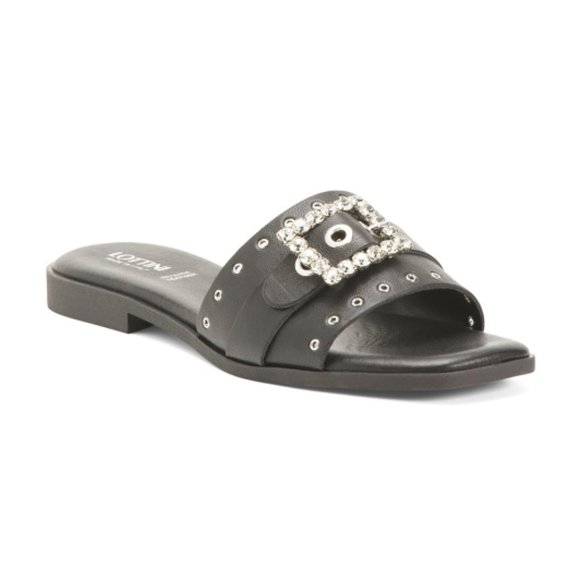 NEW LOTTINI Made In Italy Leather Slide Sandals With Studs And Buckle black 367t - Picture 1 of 4